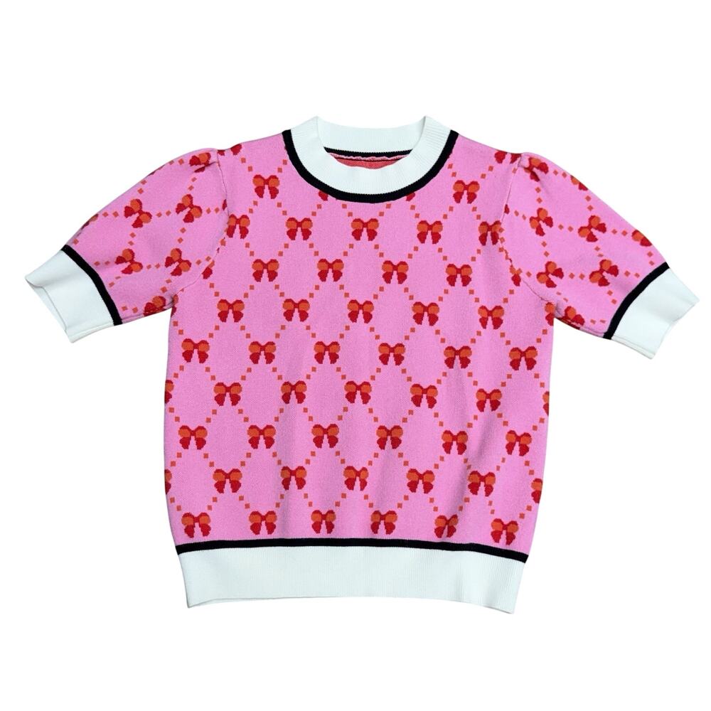 SHEIN Pink Sweater With Bows And White Trim Size S